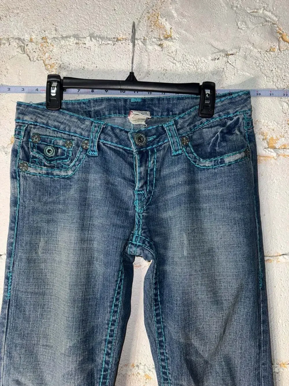 True Religion Billy Super T Teal Contrast Stitching Straight Leg Jeans